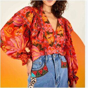 Farm Rio Top Spring Banana XS Floral Ruffle Puff Sleeve Boho Artsy Vacation